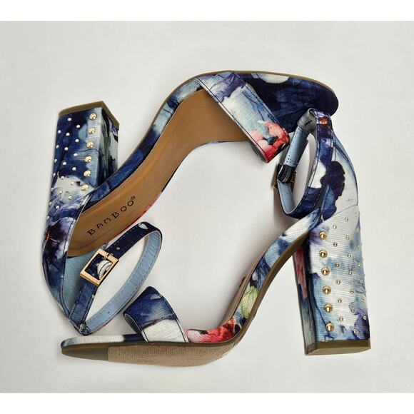 Blue Floral Bamboo Influencer Wrapped Block‎ Heel Ankle Strap Sandal Size 8 - Picture 7 of 9